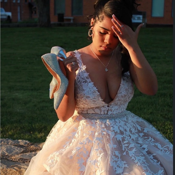 Sherri Hill Blush Pink Lace Ball Gown with Beaded Waist